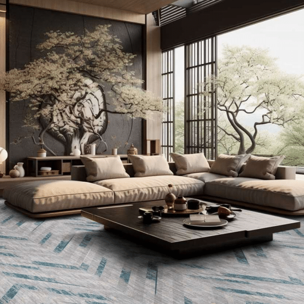 Japanese-inspired living room with Wilton carpet and low wooden tea table