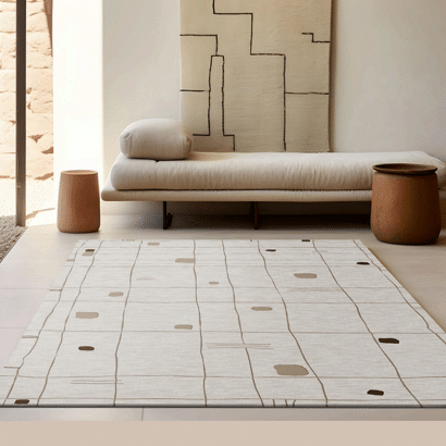Minimalist lounge area with cream Wilton carpet featuring subtle line and dot patterns
