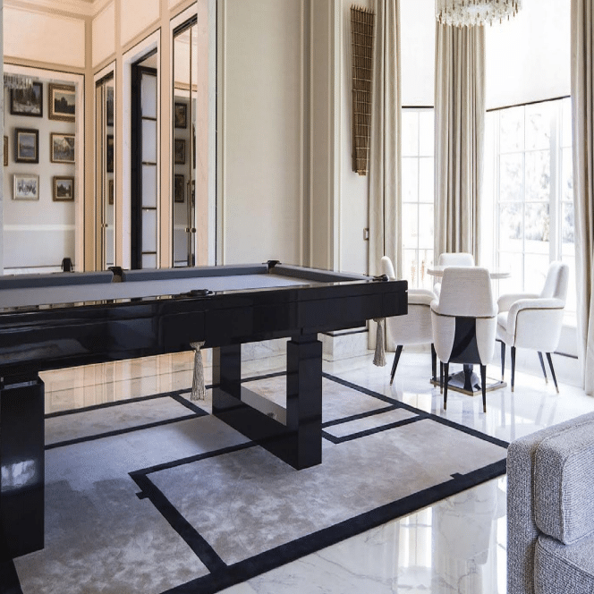 Contemporary game room with black and gray hand tufted carpet in linear art deco pattern