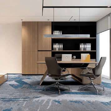 Executive office with printed gray and blue gradient abstract pattern carpet