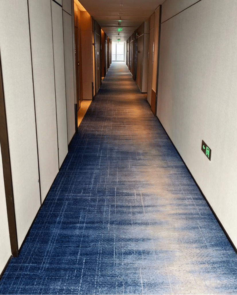 Axminster corridor carpet featuring wave motifs for high-traffic hotel areas.