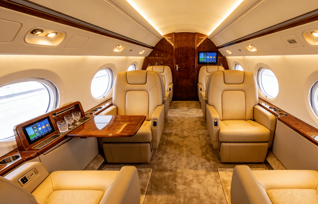 Luxurious private jet interior featuring custom 100% pure wool carpeting and leather swivel seating.