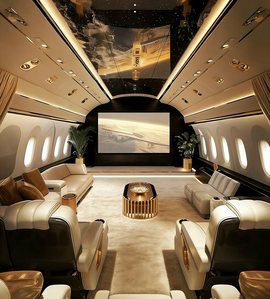 Luxurious private jet interior featuring custom 100% pure wool carpeting and leather swivel seating.