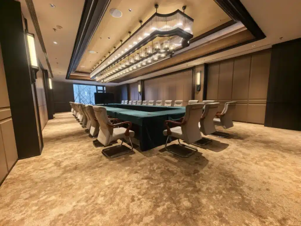 Detailed view of high-traffic 80/20 wool-nylon hotel carpet showing flame-retardant fibers and bespoke floral wave patterns for a luxury hospitality project.