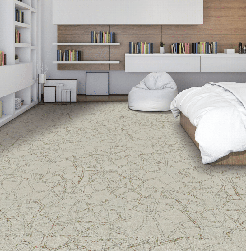 Stone-look heavy duty carpet tiles with a sophisticated marble texture