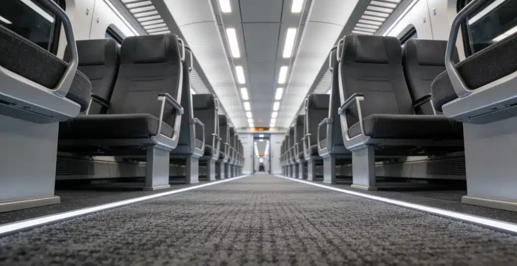 Close-up of fire-resistant railway station carpet texture showing dense, high-denier fiber construction.