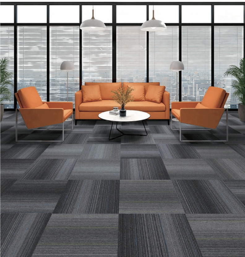 Linear patterned nylon carpet tiles in charcoal grey for modern office flooring