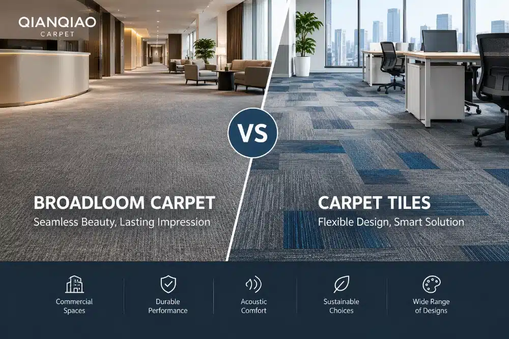 Two of the most popular commercial flooring options are broadloom carpet and carpet tiles.